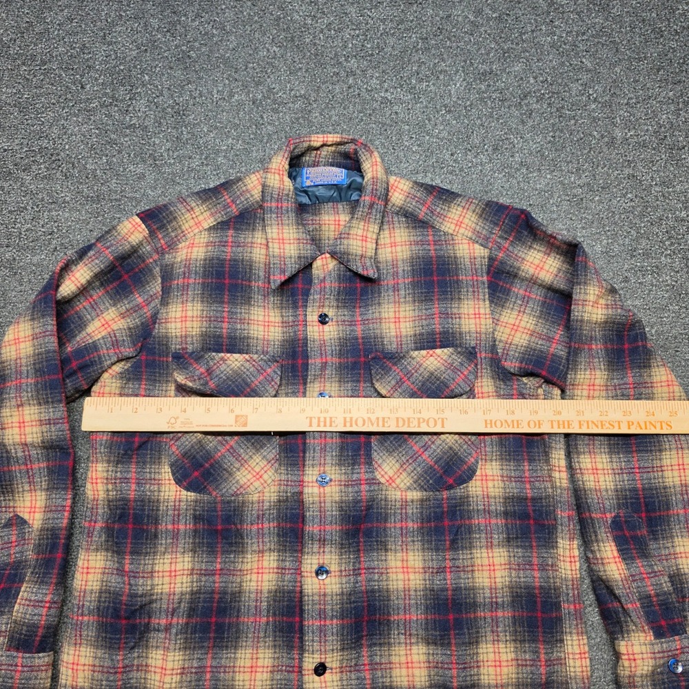VTG Pendleton Board Shirt Plaid Tan Navy Mens Large Wool Flannel Loop Collar USA - Picture 4 of 7